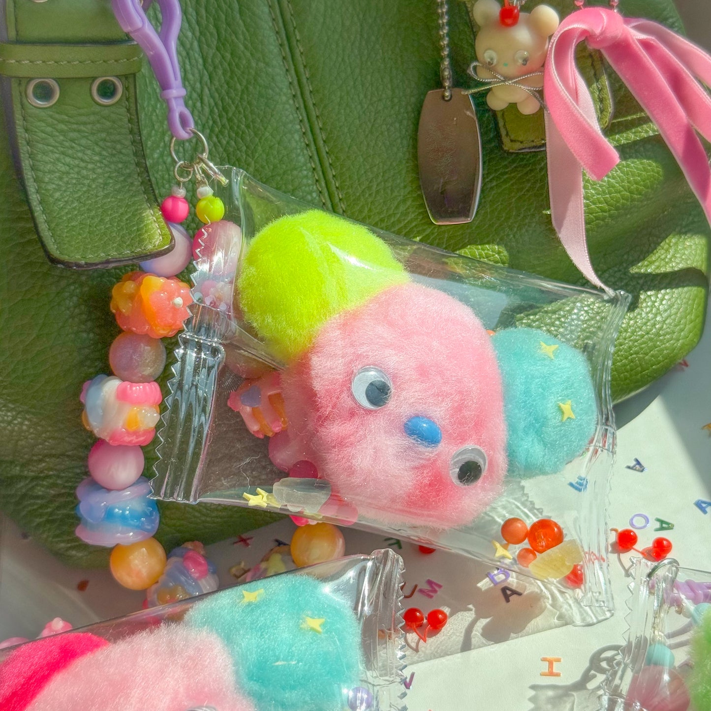 pom pom bear head charms with candy strap