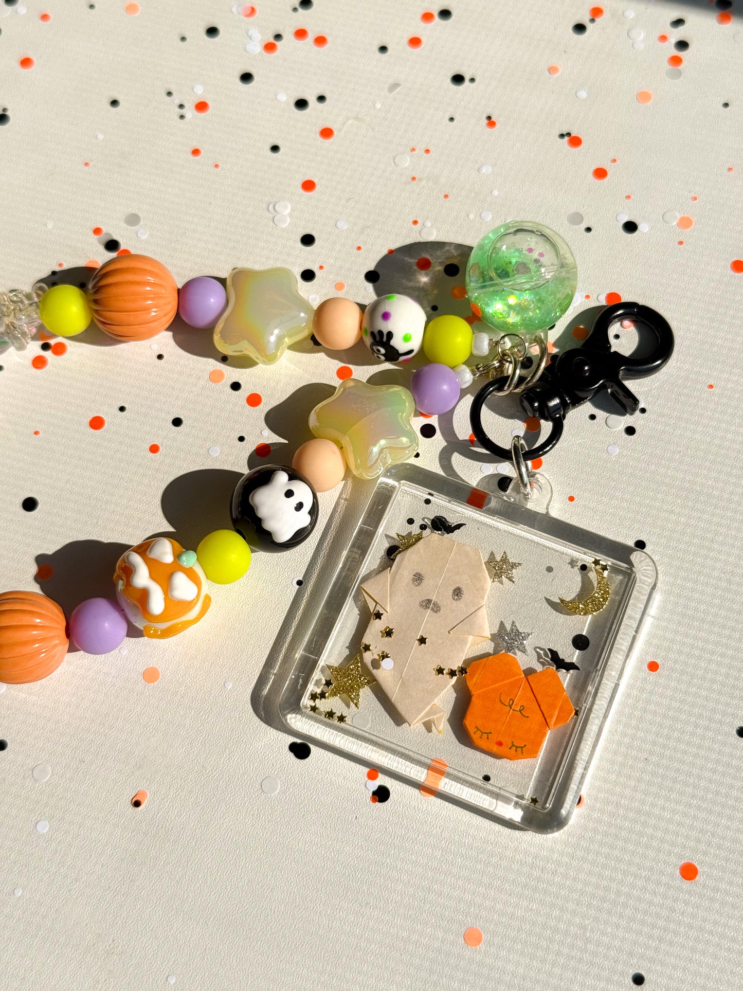 ghost + bear origami charm with "candy" strap